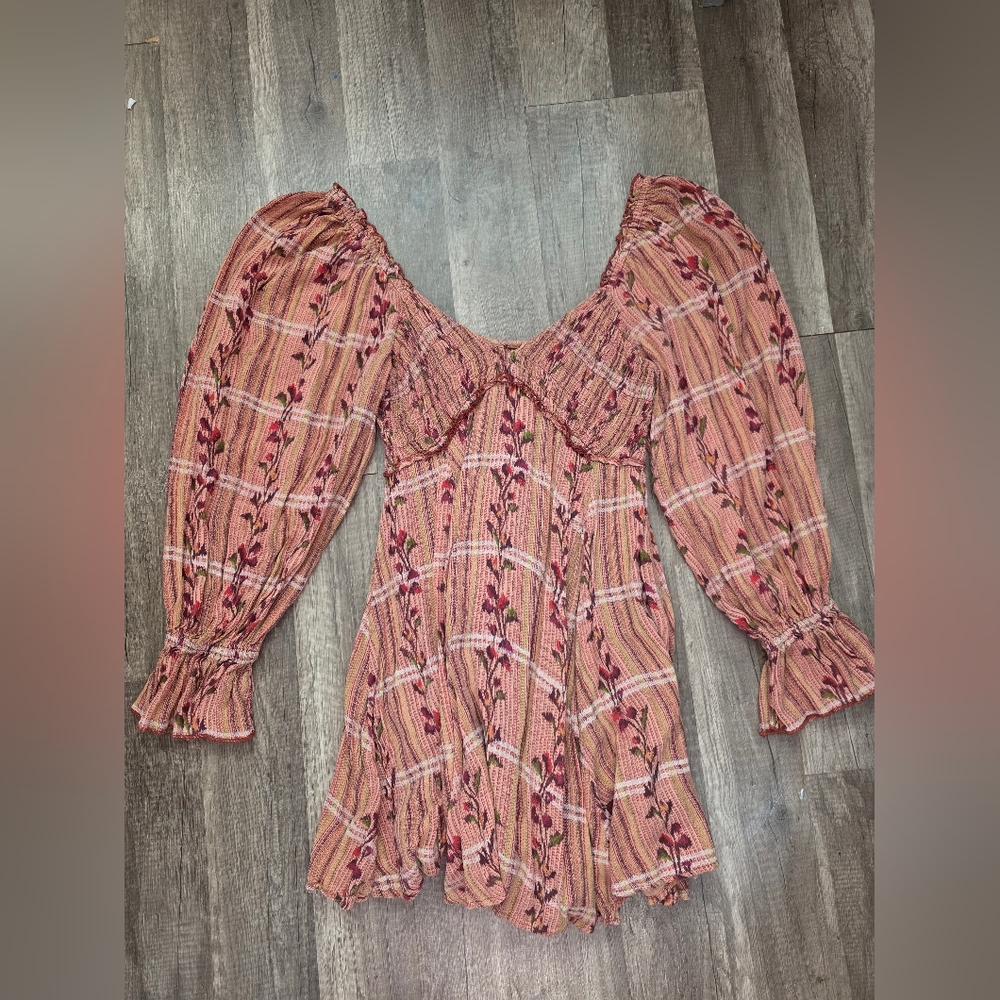 Free People Rust-Peach Floral Long Sleeve Mini Dress - Picture 6 of 15